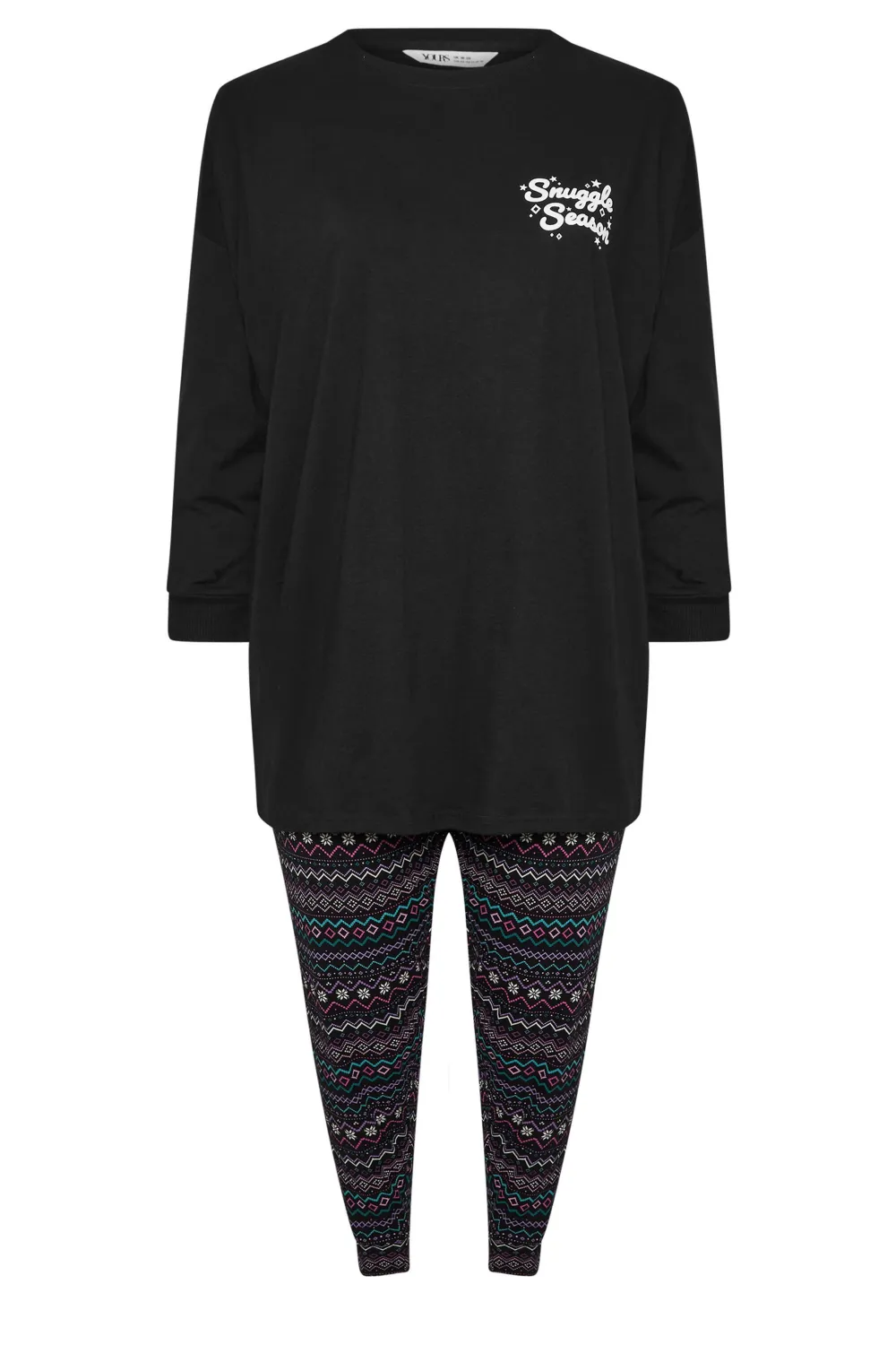 YOURS Curve Black 'Snuggle Season' Fairisle Pyjama Set