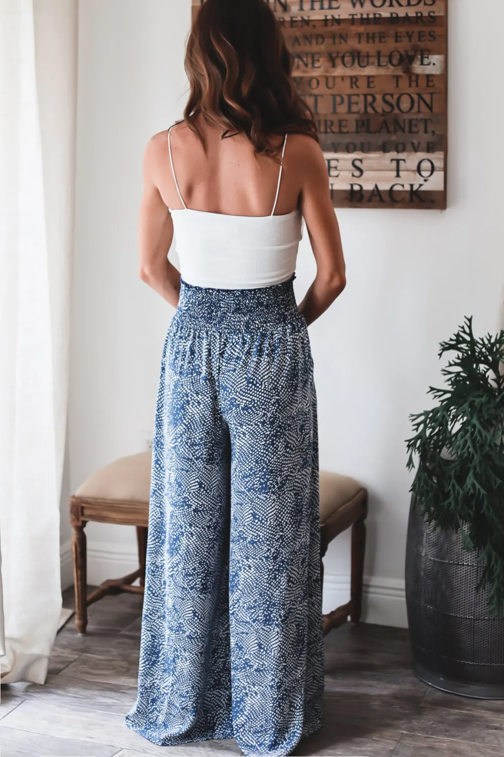 Blue Floral Loose Drape Straight Leg Pants