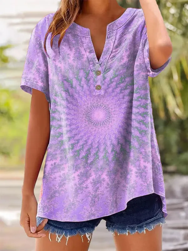 Women'S Retro Love Printed V-Neck Button T-Shirt