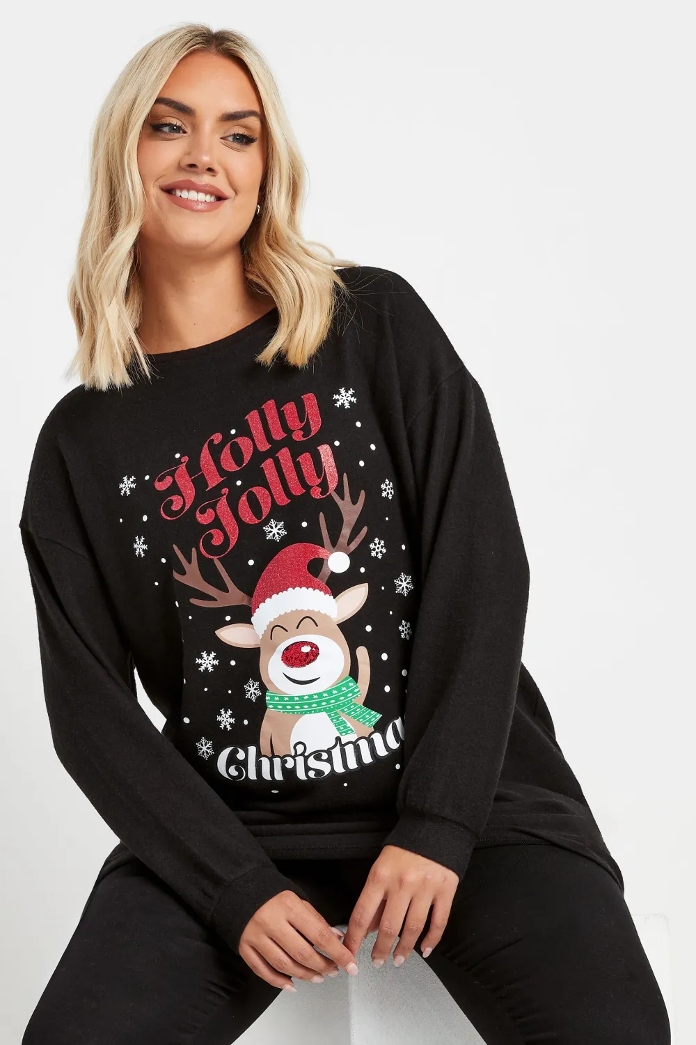 YOURS Curve Black Reindeer Novelty Christmas Jumper