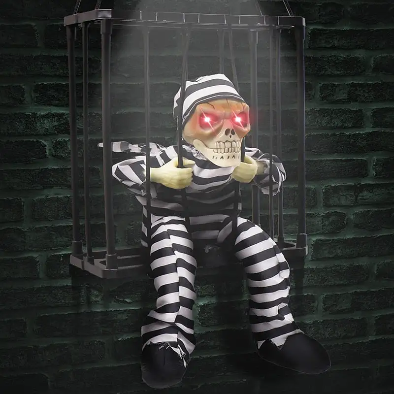 Screaming Animated Halloween Decorations Halloween Decor Prop Scary Skull Cage Prisoner Haunted House Decor, Ghost Light Up Eyes
