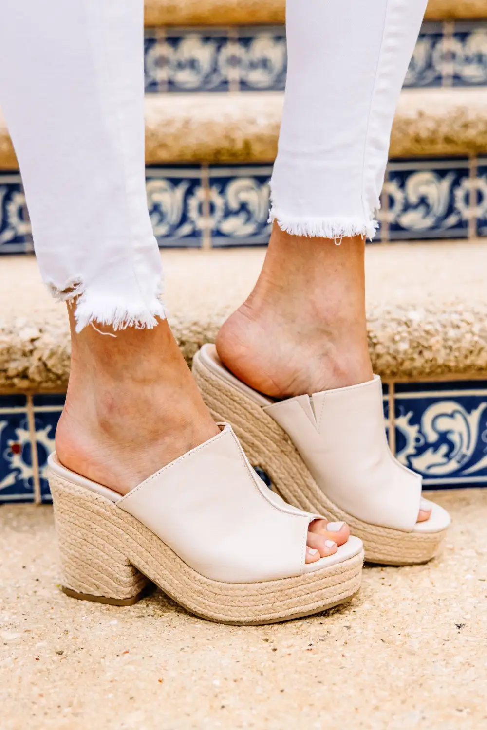 Get Ready Beige White Mule Heels