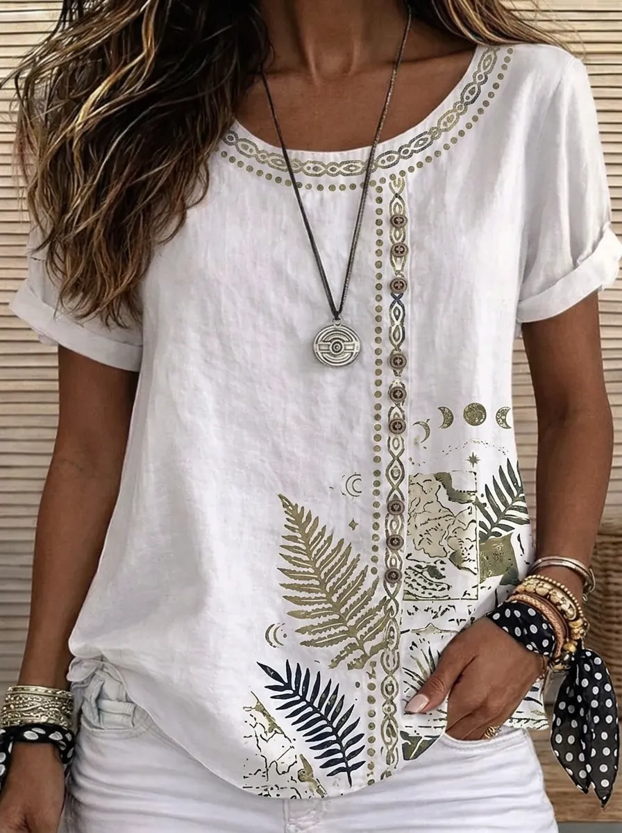 Women's Nashville Botanical Moon Printed Linen Blend Top