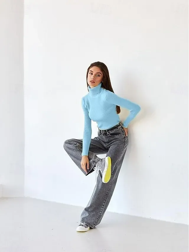 Women's Sweater Casual Soft Pure Color Ribbed Turtleneck Knitted Long Sleeve Regular Tops Knit Outdoor Daily Weekend Black White Fall Winter