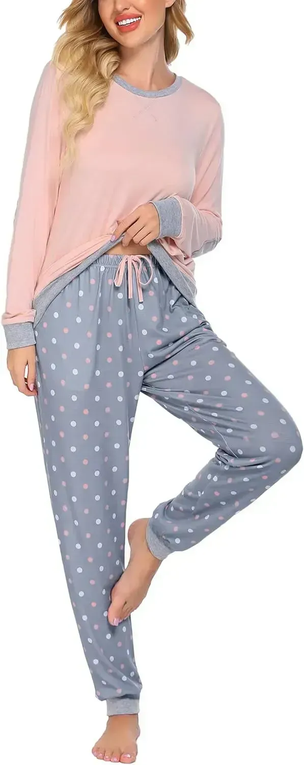 Women's Pajamas Sets Long Sleeve with Plaid Pants Soft Sleepwear O Neck 2 Piece Pjs Joggers Loung Set with Pockets