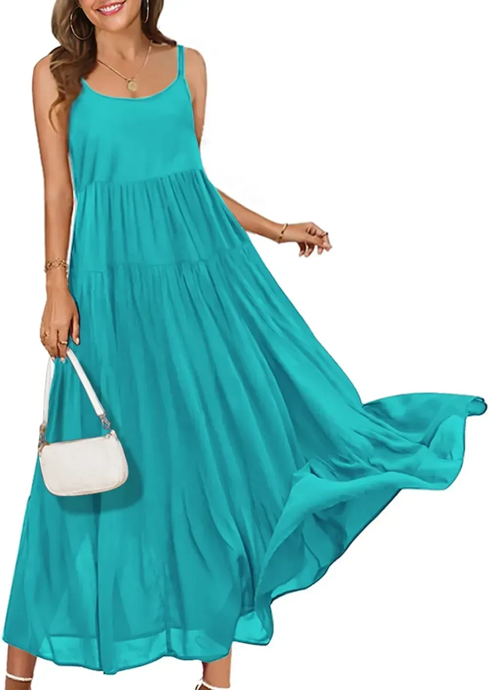 Summer Dresses for Women Casual Loose Bohemian Floral Dress with Pockets Spaghetti Strap Maxi Dress E75