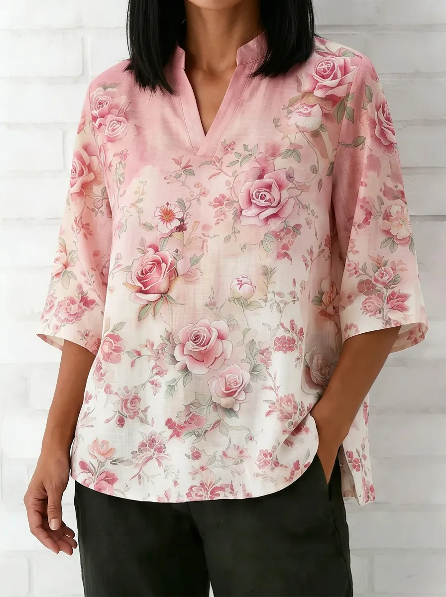 Women's Nashville Floral Rose Printed V-neck Top