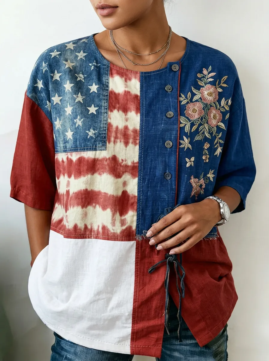 Women's Nashville American Flag Floral Embroidered Printed Top