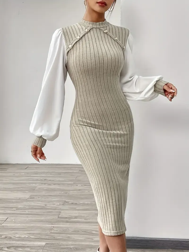 Elegant Women's Midi Dress with Ribbed Detail - Chic Mock Neck, Long Sleeve, Stretchy Pencil Skirt Style in Beige and White - Machine Washable for Spring & Autumn