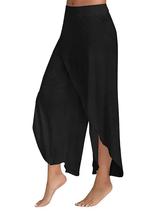 Women's Culottes Wide Leg Wide Leg Chinos Ruffle Layered Stretchy Mid Waist Basic Casual / Sporty Casual Daily Black White S M Summer Spring &  Fall