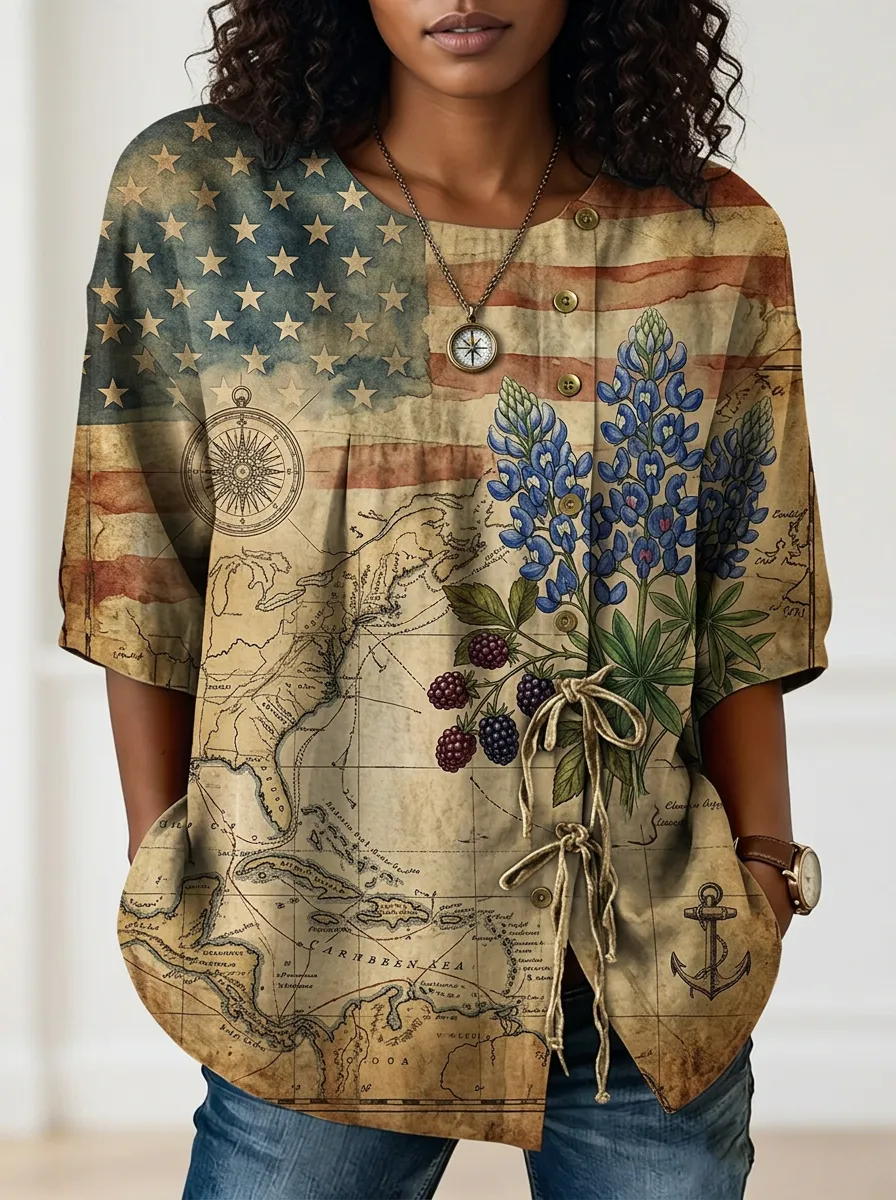 Women's Nashville Vintage Map American Flag Floral Printed Top