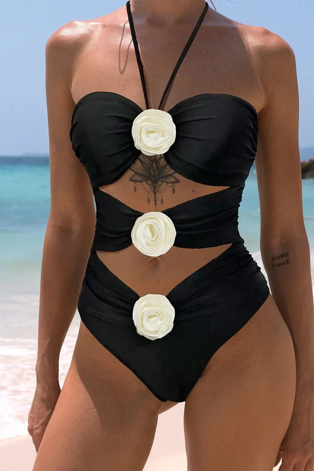 Bikinx Monochrome Halter Neck 3d Flower Decoration Sexy One-piece Swimsuit