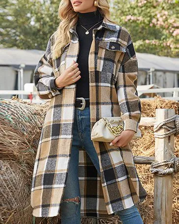 Casual Plaid Lapel Trench Coat