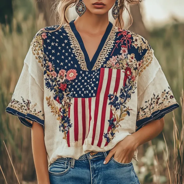 Women's Vintage Independence Day Flag Floral Embroidery Print V-neck T-shirt