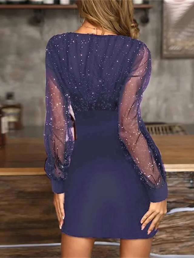 Women‘s Little Black Dress Sexy Dress Party Dress Homecoming Dress Sheath Dress Mini Dress Wine Purple Long Sleeve Mesh Dress Spring Fall Winter V Neck Fashion Party Wedding Guest