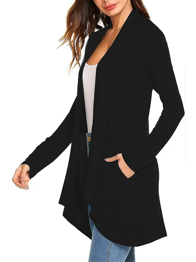 Women's Cardigan Sweater Open Front Ribbed Knit Knit Pocket Summer Fall Outdoor Daily Weekend Stylish Casual Soft Long Sleeve Solid Color Black White Wine S M L