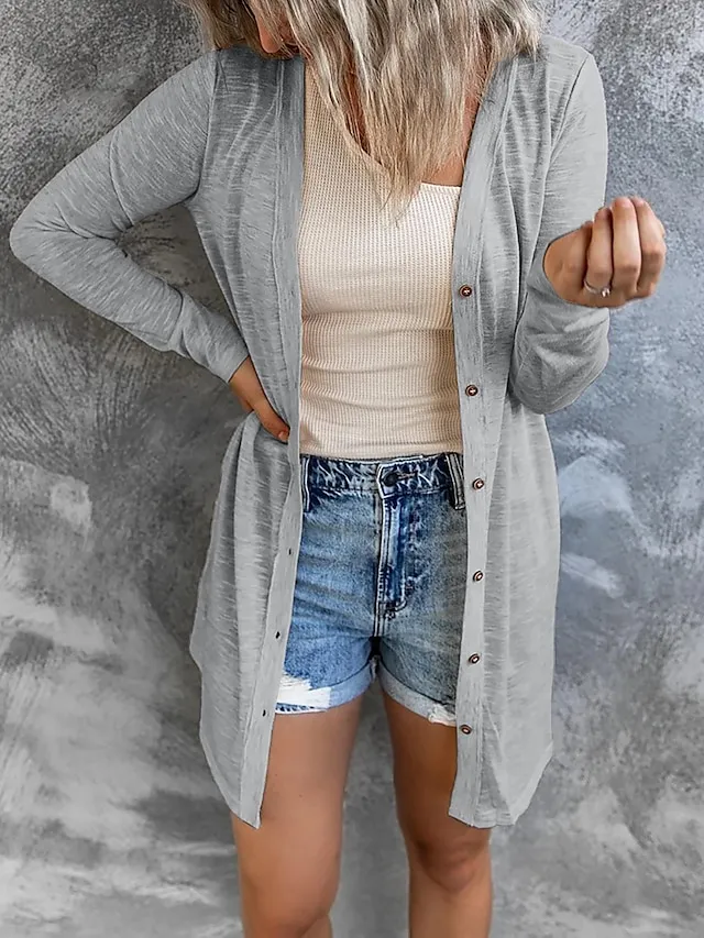 Women's Cardigan Sweater Cowl Ribbed Knit Polyester Button Summer Spring Outdoor Home Halloween Casual Soft Long Sleeve Solid Color Black White Light Green S M L