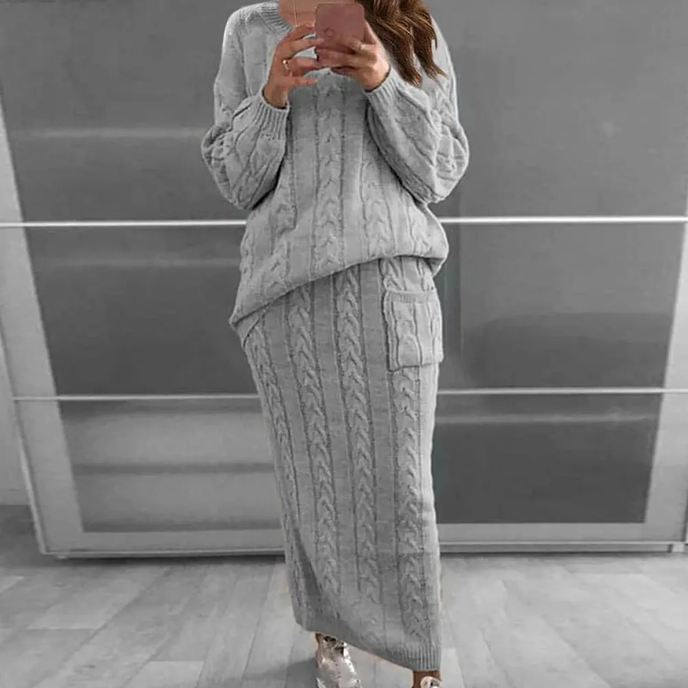 Women 2 Piece Outfits Knitted Sweater Tops and Long Skirt Turtleneck Long Sleeve Bodycon Dress Set Chunky Cable Knit