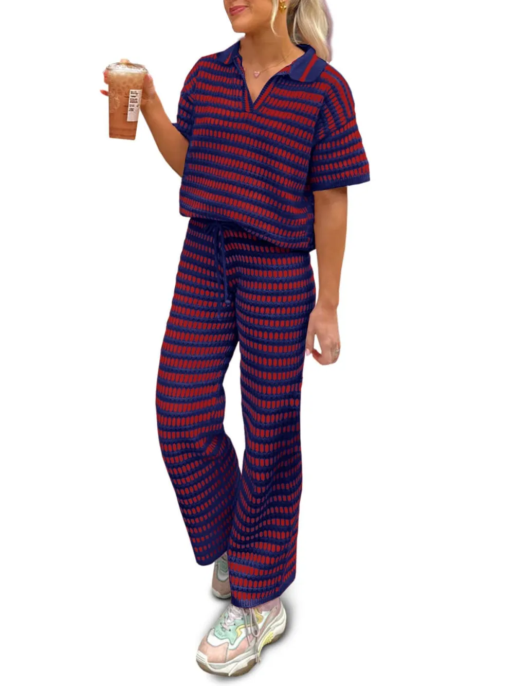 Womens 2 Piece Outfits Striped Short Sleeve Sweater Tops Knit Sets Wide Leg Pants Lounge Set