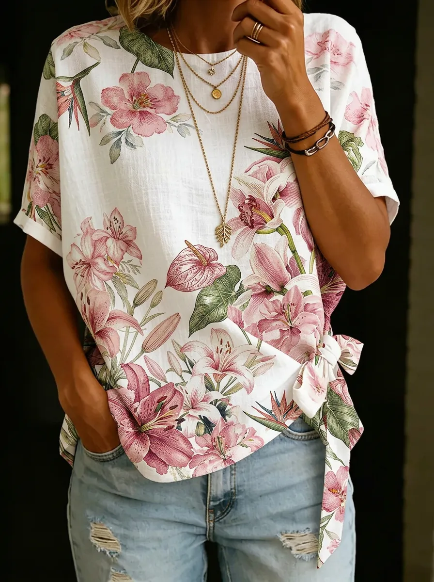 Women's Nashville Floral Lily Printed Tie-Side Top
