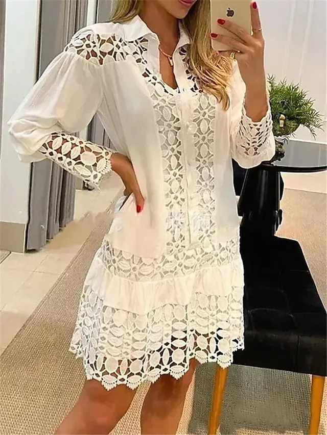Women's Lace Shirt Dress Casual Dress Cotton Linen Dress Mini Dress