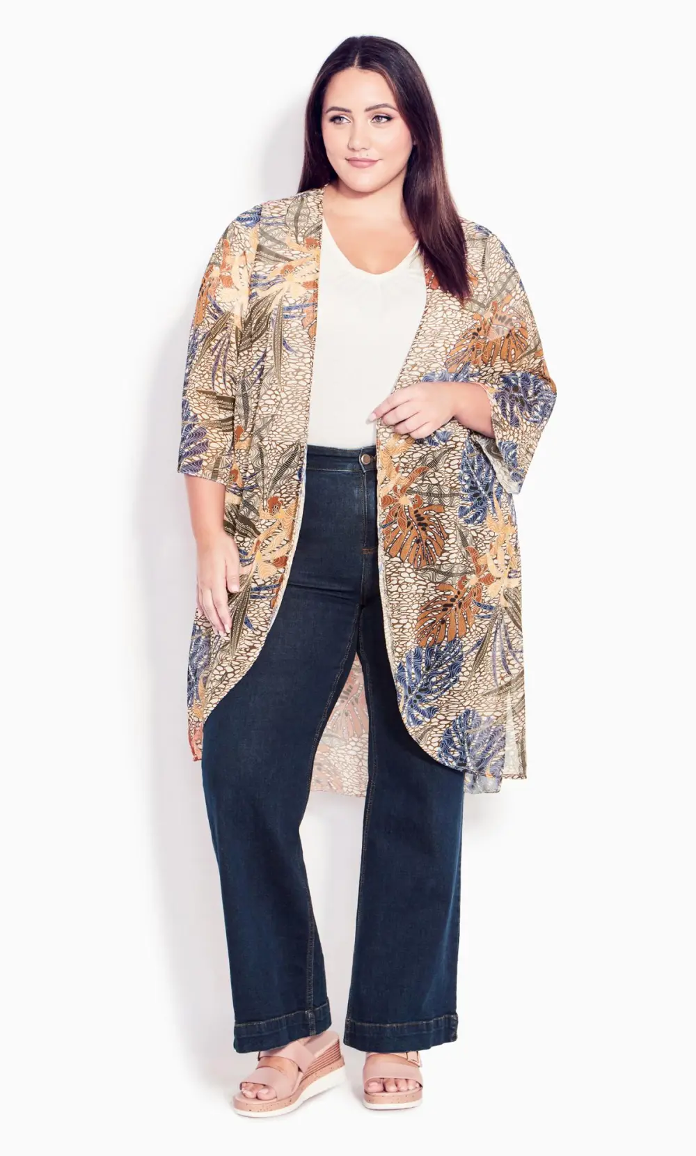 Evans Beige & Blue Palm Print Kimono