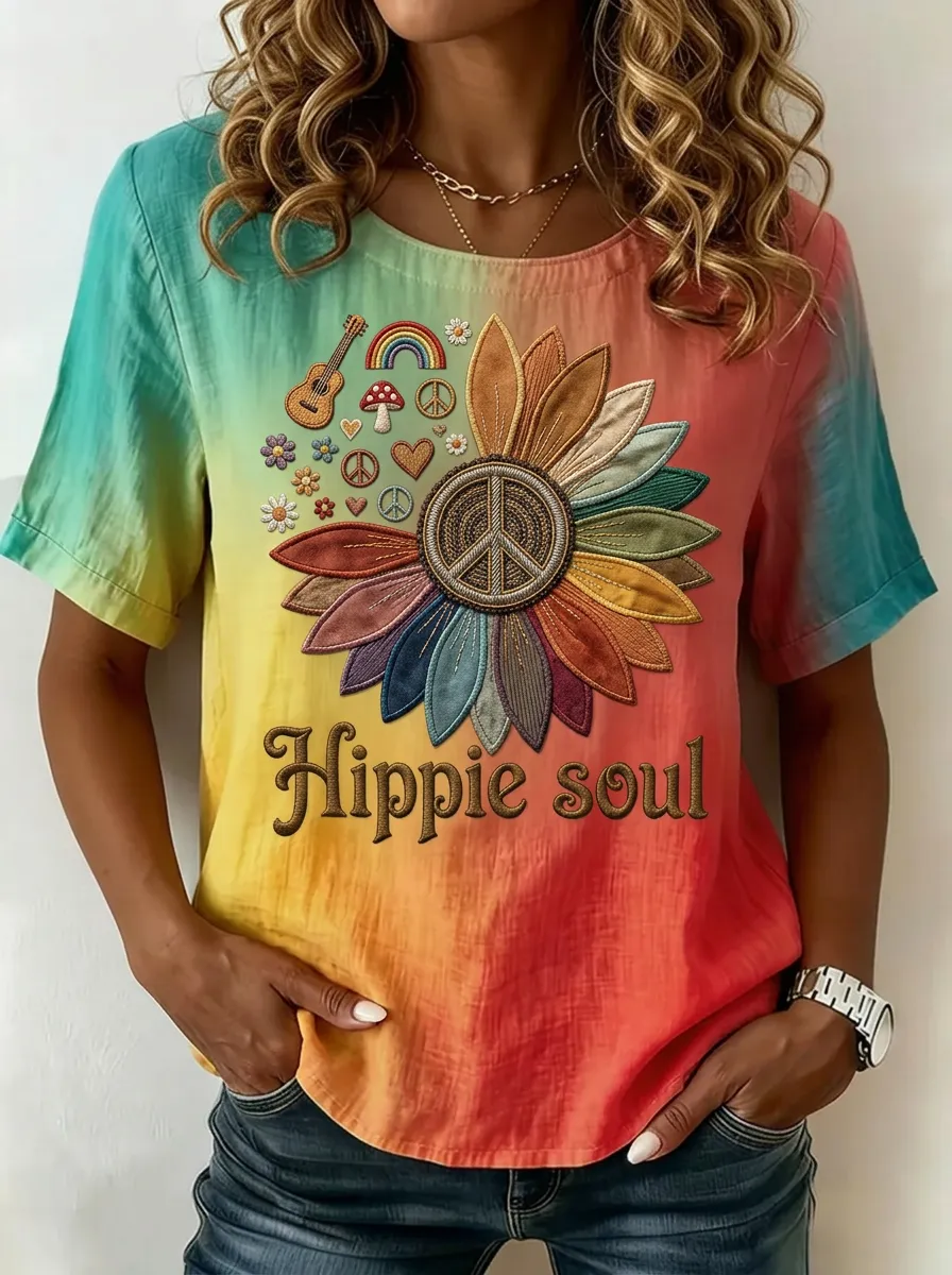 Women's Nashville Hippie Soul Sunflower Peace Sign Printed T-shirt