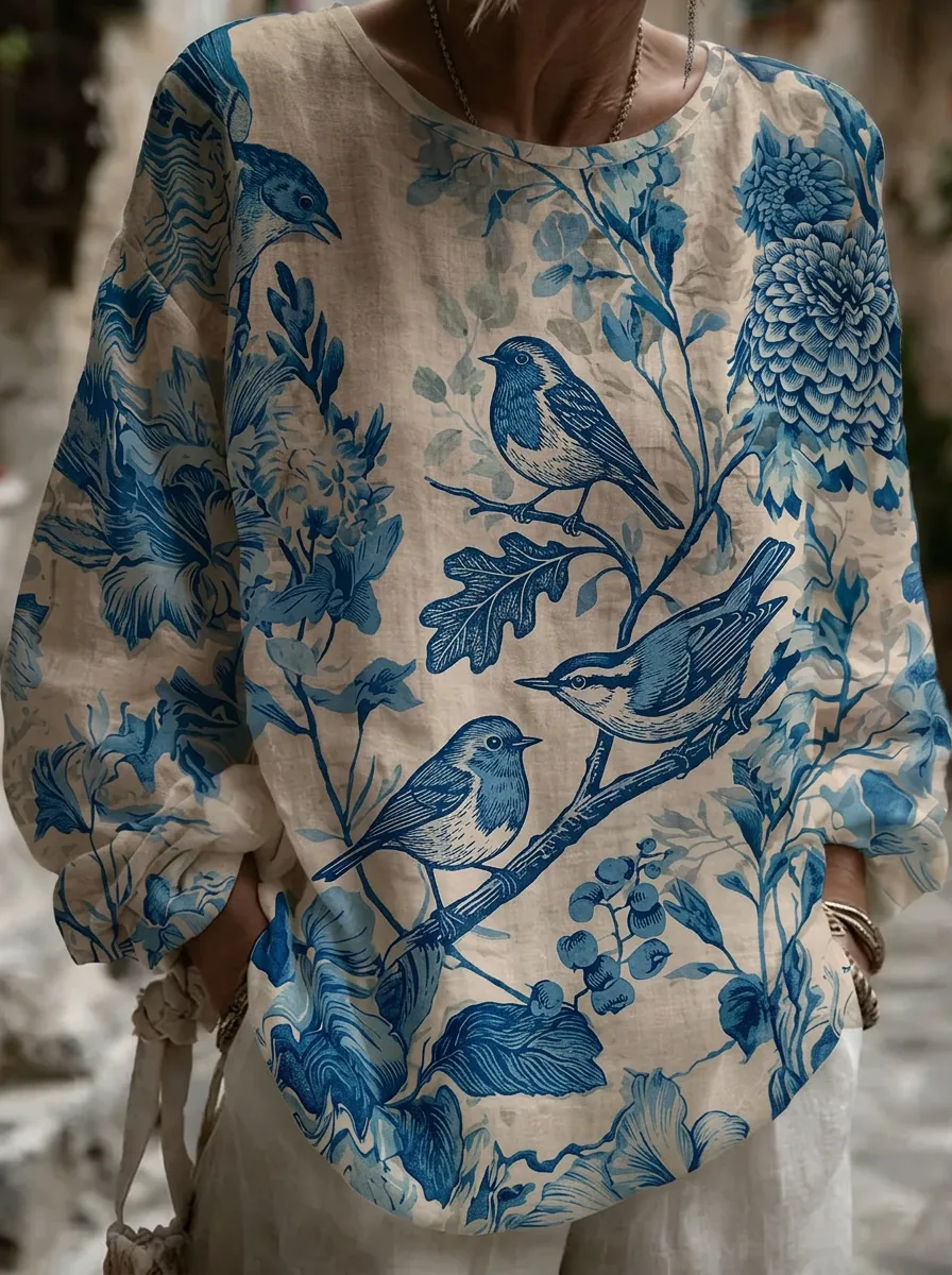 Women's Nashville Nature Lover Blue Bird Floral Printed Top