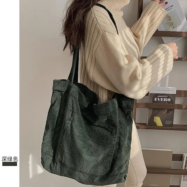 Tote Corduroy Daily Solid Color Black Pink Dark Green