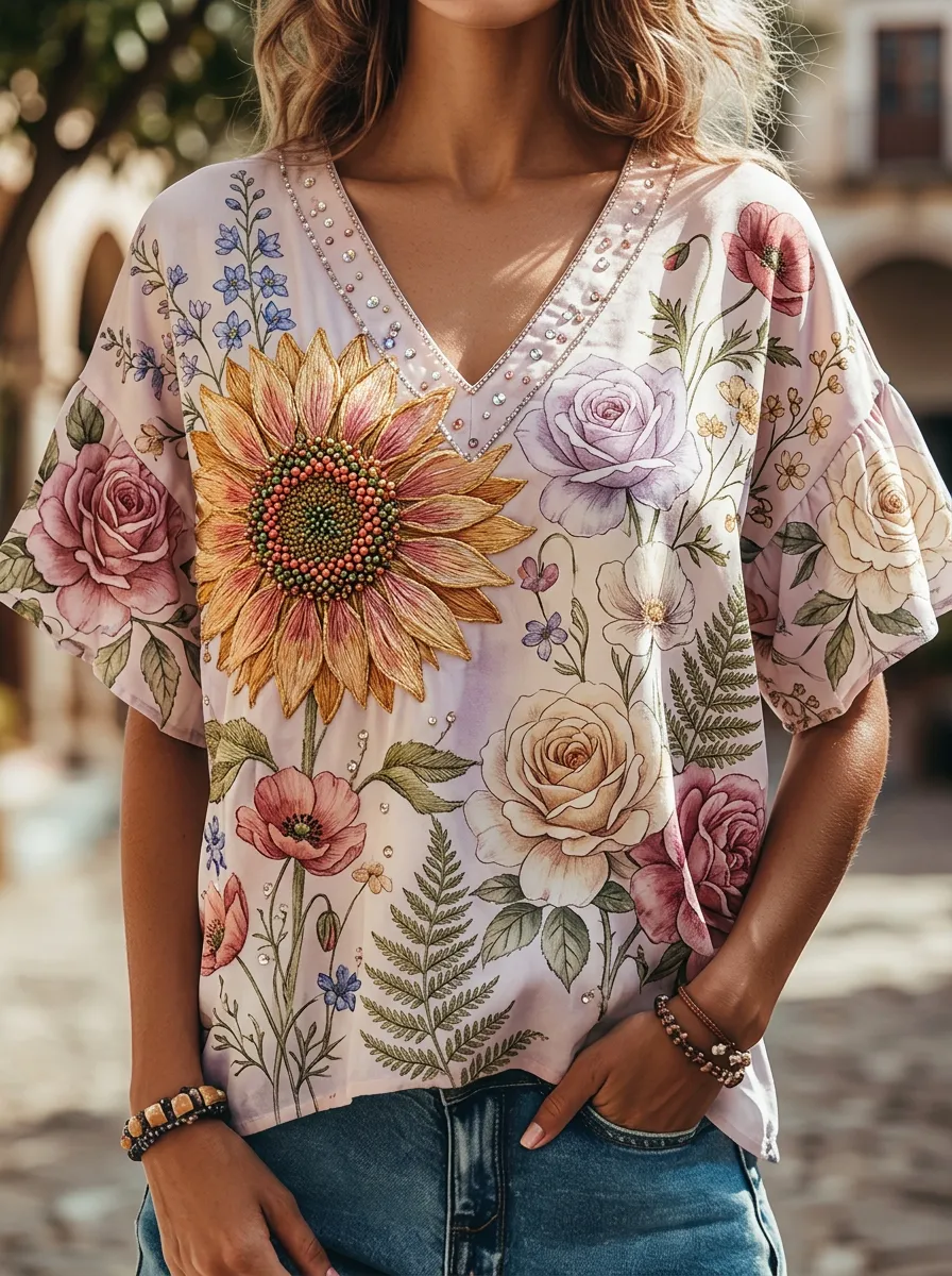 Women's Nashville Floral Sunflower Rose Printed V-neck Top