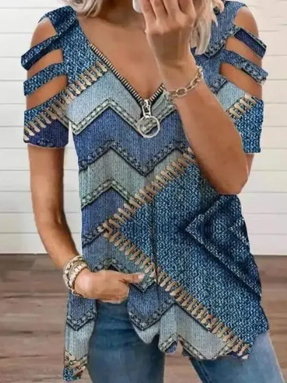 Women Short Sleeve V-neck Floral Printed Geometric Top