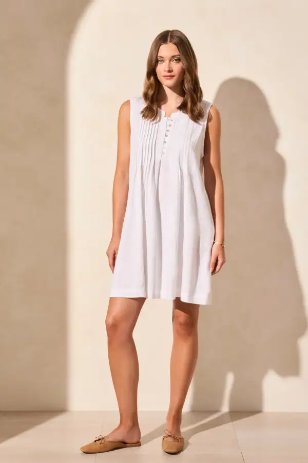 Linen Blend Pleated Sleeveless Dress-White