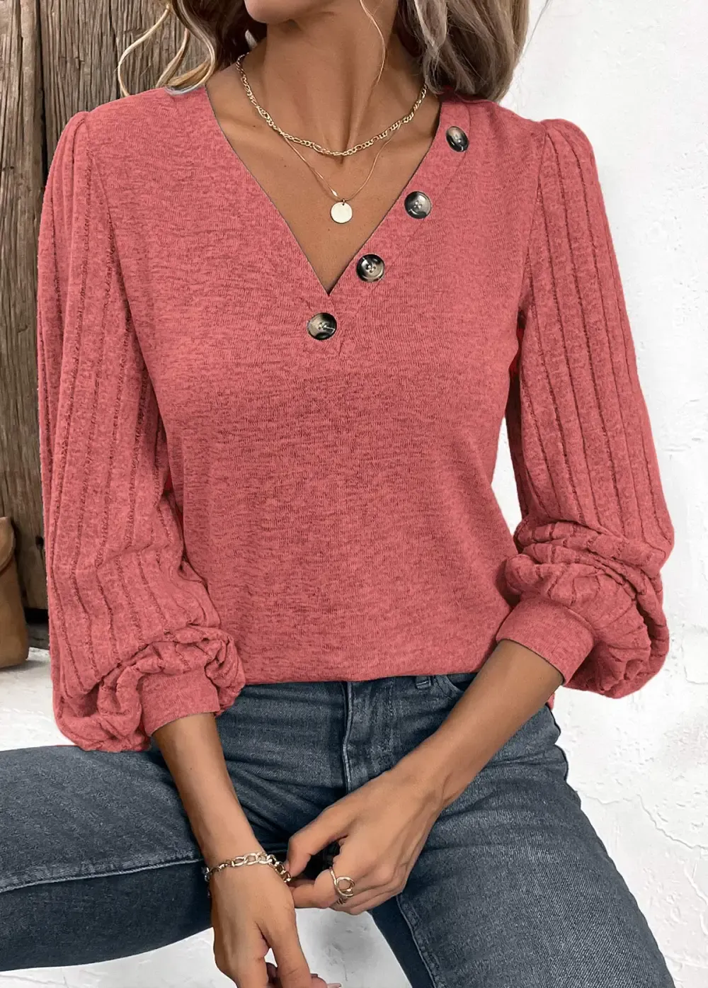 Dusty Pink Patchwork Long Sleeve V Neck Sweatshirt