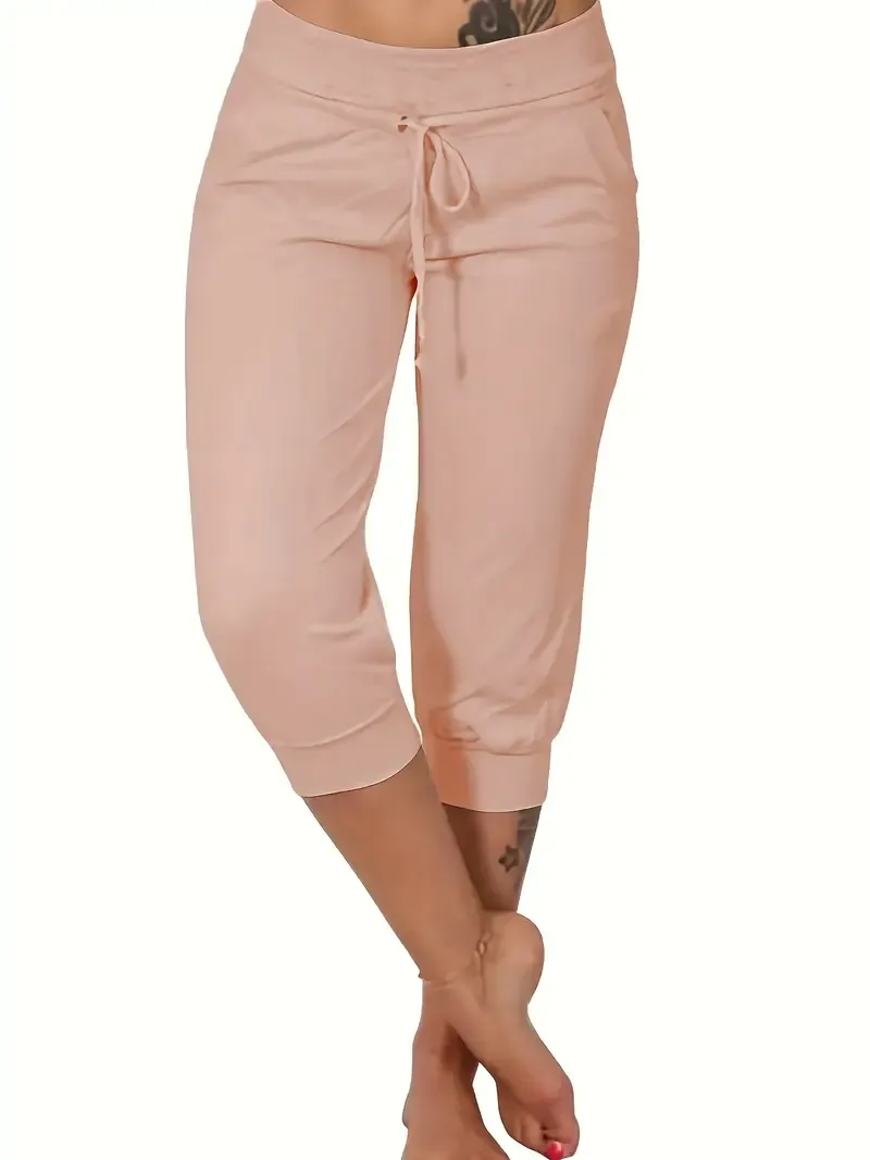 Solid & Casual Elastic Capri Pants - Women's Clothing