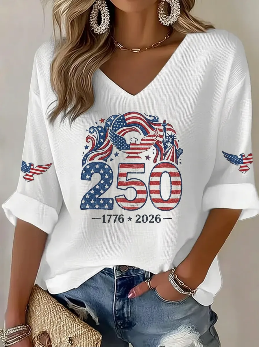 Women's USA 250th Anniversary Patriotic Eagle Statue Printed V-neck Top