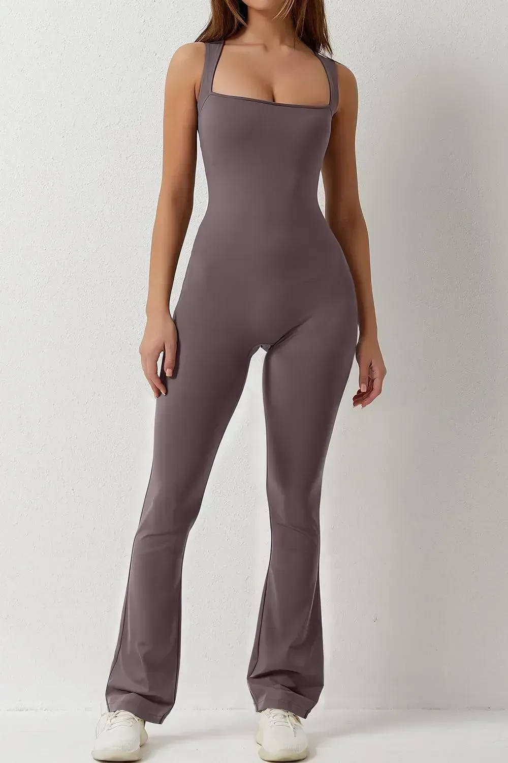 Flare Jumpsuits for Women Strappy Square Neck Bodycon Full Length Long Pants Casual Playsuit