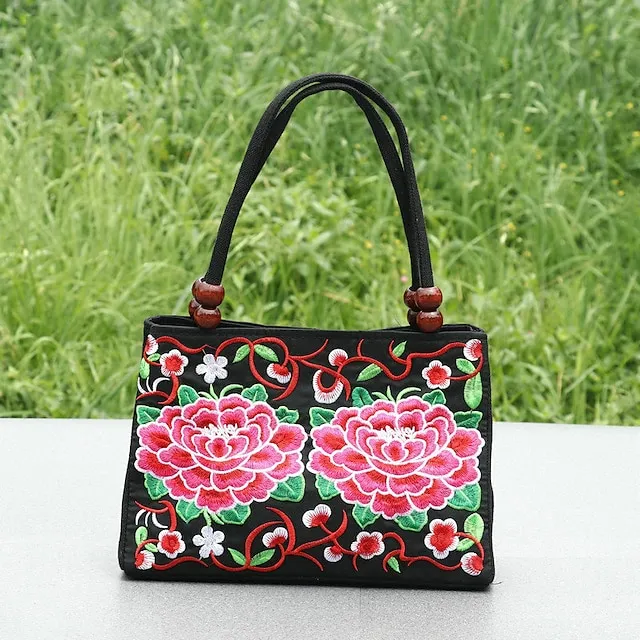 Women's Handbag Canvas Outdoor Holiday Embroidery Large Capacity Breathable Lightweight Folk Dark Red Black / Red Blue peacock