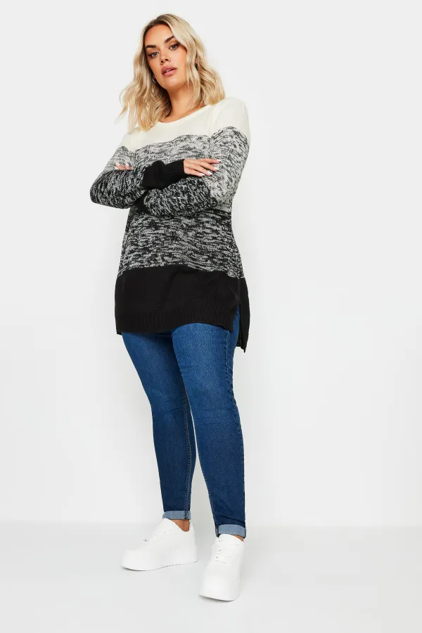 YOURS Curve Grey Colourblock Stripe Knitted Jumper