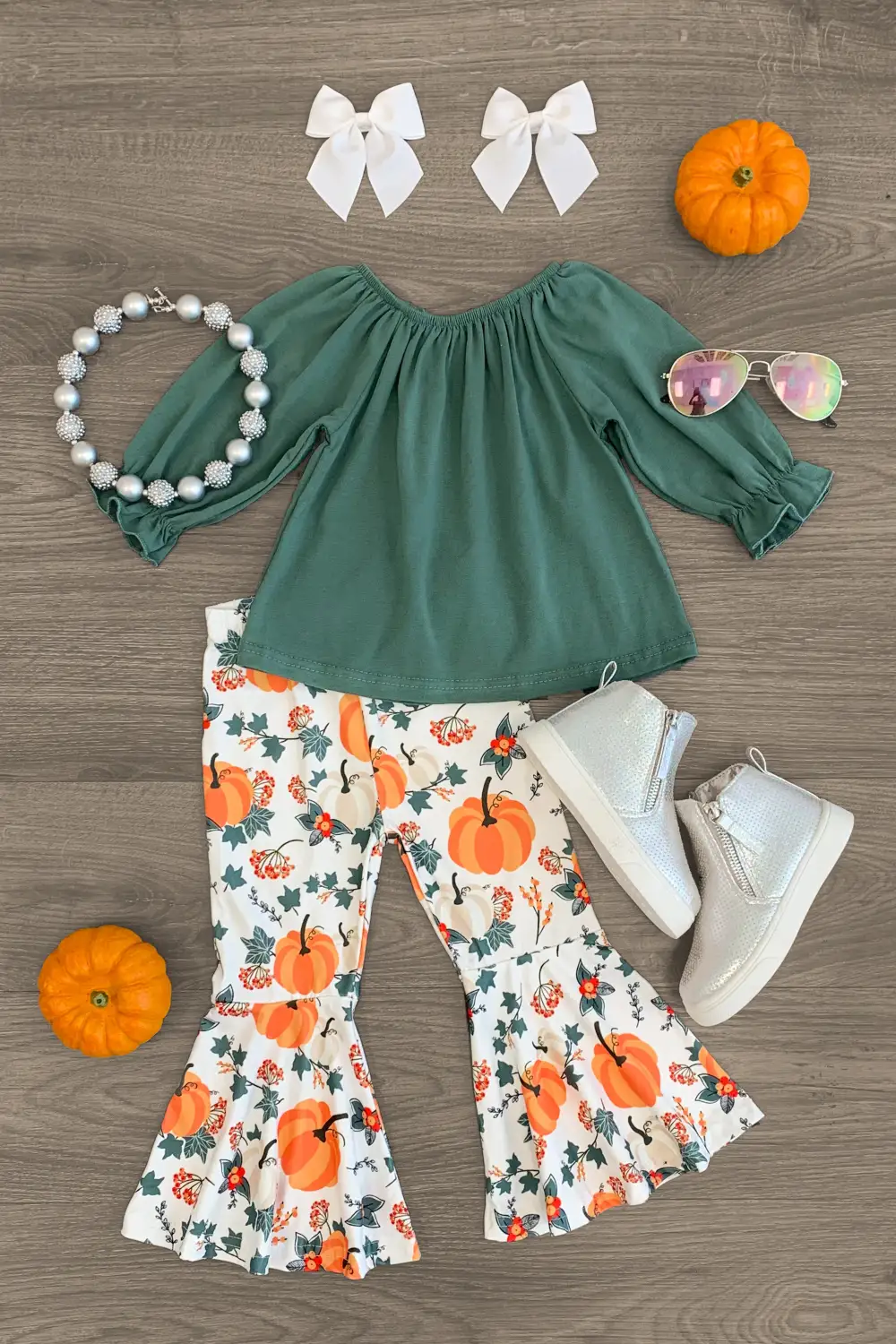 Green & White Pumpkin Bell Bottom Set