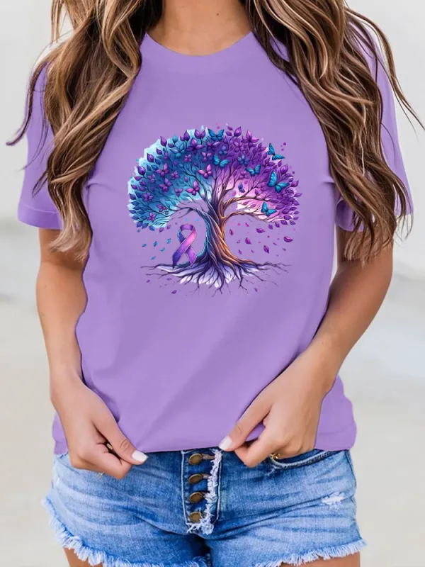 Women'S Round-Neck T-Shirt Alzheimer'S Awareness Butterfly Tree Prints