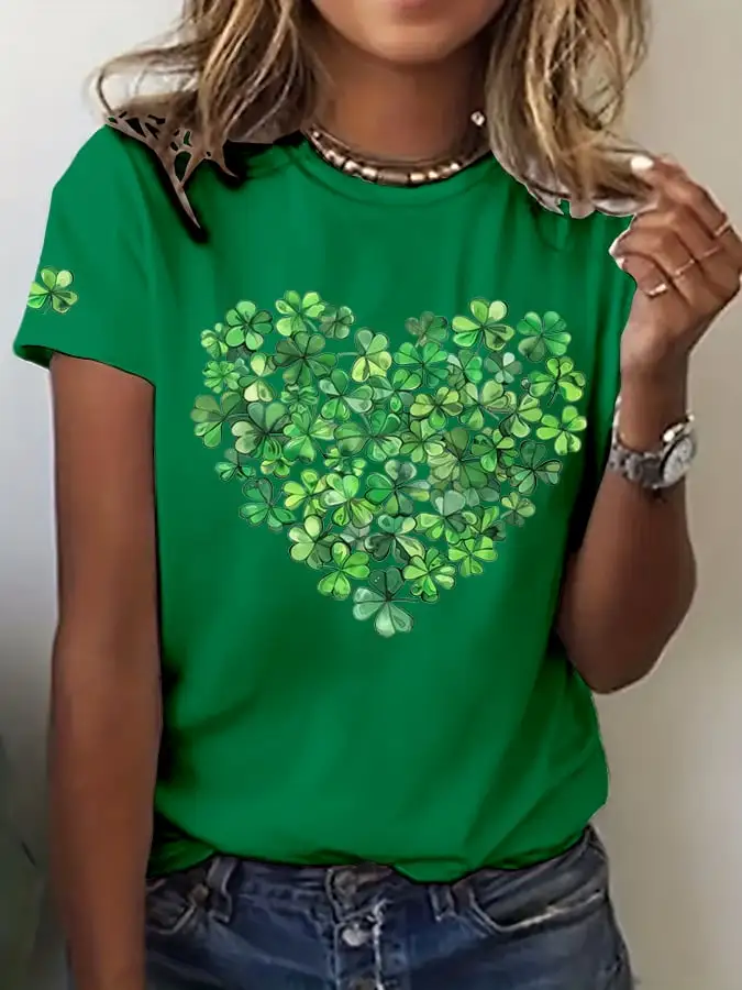 Women'S St Patrick's Day Shamrock Heart Print T-Shirt