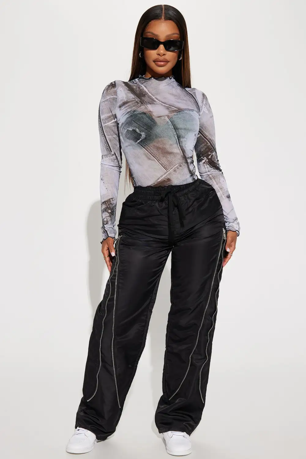 Sarai Mesh Mock Neck Top - Black/combo