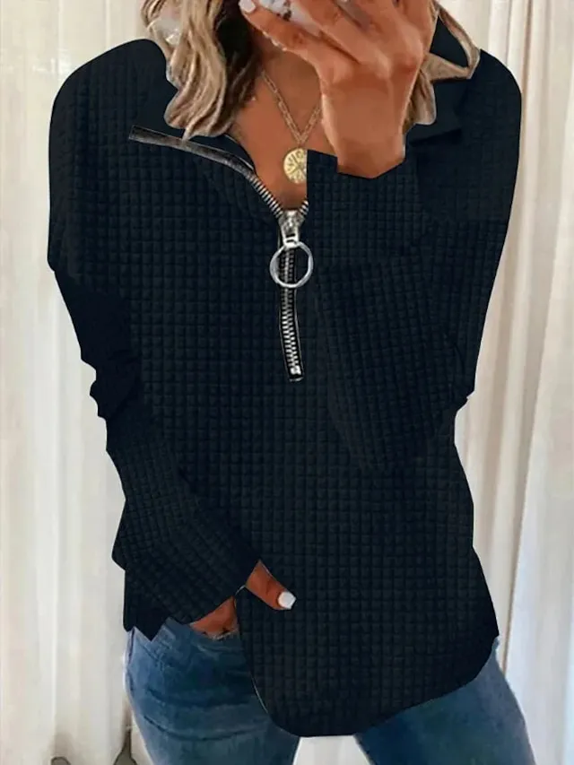 Women's Sweatshirt Pullover Textured Basic Quarter Zip Black White Blue Solid Color Street Casual V Neck Long Sleeve Top Micro-elastic Fall & Winter
