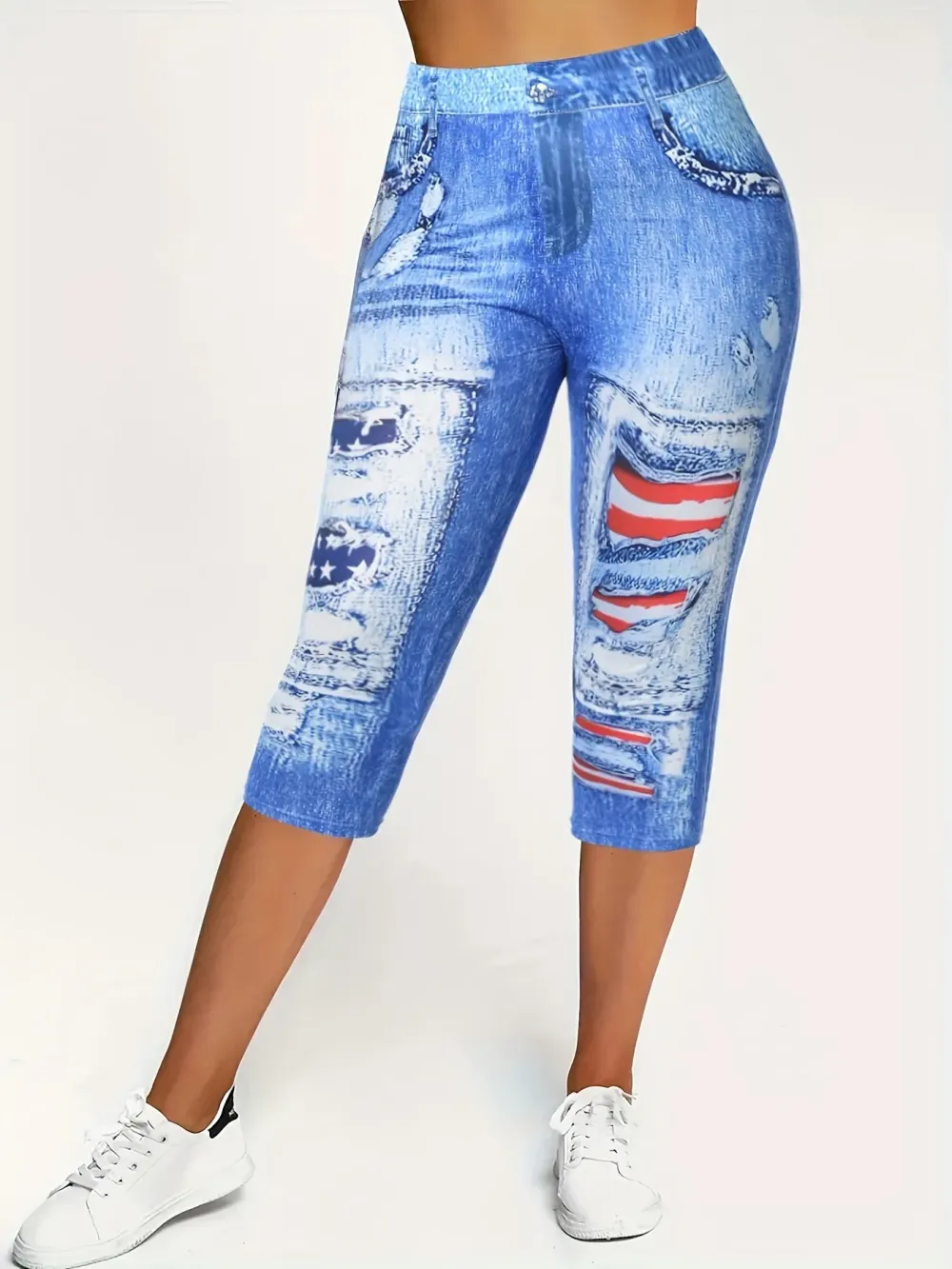 Plus Size Casual Leggings, Women's Plus Flag & Denim Print High Rise Stretchy Capri Leggings