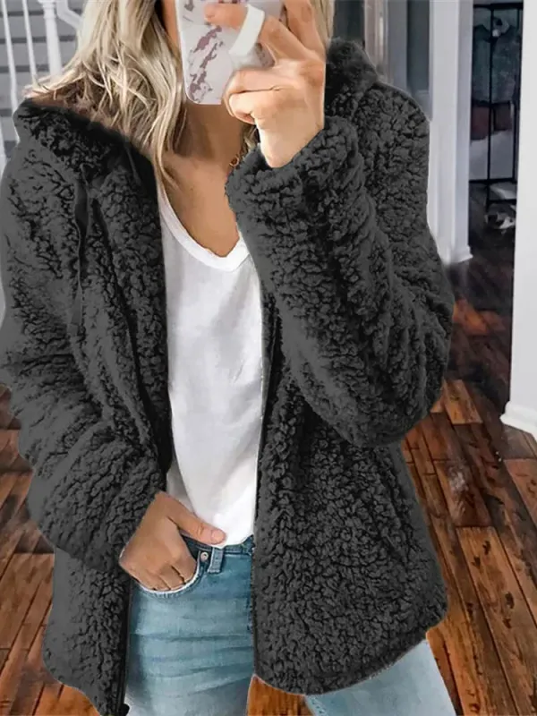 Women Causal Zipper Long Sleeve Hooded Teddy Coat Top