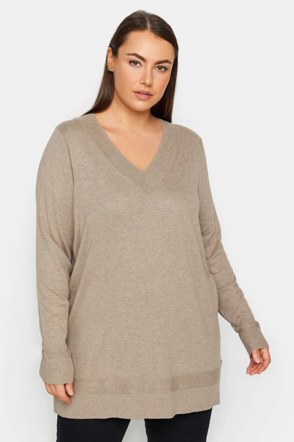 Evans Beige Brown V-Neck Knitted Jumper