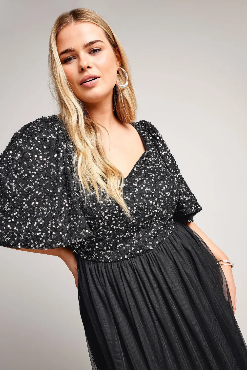 LUXE Curve Black Sequin Sweetheart Ruffle Maxi Dress