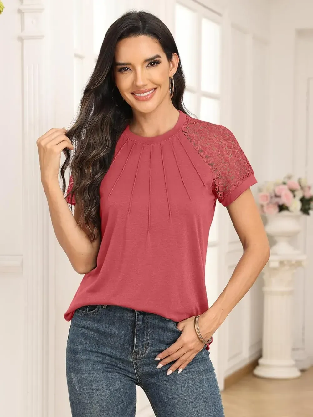 AUTOMET Womens Tshirts Trendy Fashion Tops Lace Short Sleeve Business Tee Shirts Casual Knitted Blouses Summer Outfits 2024