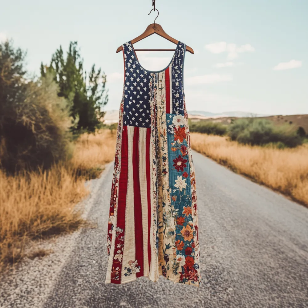 Women's Independence Day American Flag With Floral Pattern Art Print Cotton And Linen Dress
