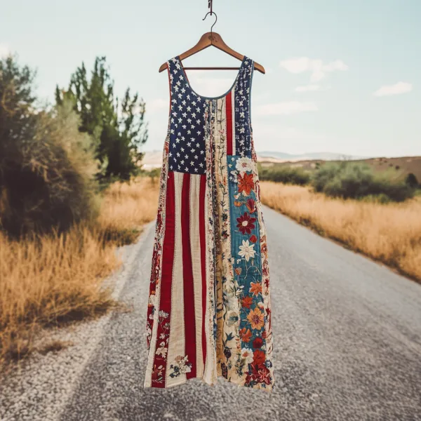 Women's Independence Day American Flag With Floral Pattern Art Print Cotton And Linen Dress